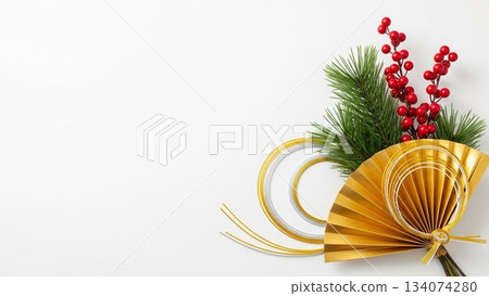 Simple New Year's decorations using pine and mizuhiki cords placed on a white background 134074280