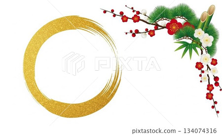 A Japanese-style New Year's design featuring gold circles and nandina ornaments A Japanese-style New Year's design featuring gold circles and nandina ornaments 134074316