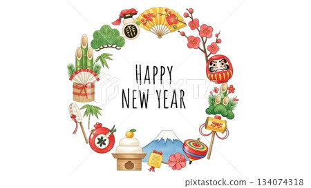 A cute New Year's design frame with Japanese motifs arranged in a circle A cute New Year's design frame with Japanese motifs arranged in a circle 134074318