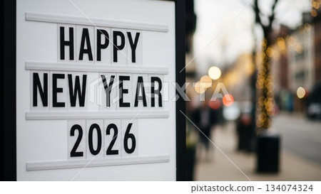 New Year's image of "Happy New Year 2026" displayed on a city sign New Year's image of "Happy New Year 2026" displayed on a city sign 134074324