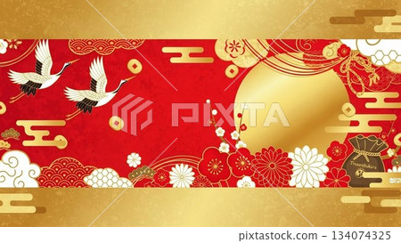 A gorgeous red and gold Japanese pattern background design featuring cranes and paper streamers 134074325