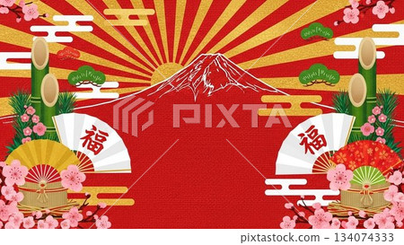 一款精美的紅色日式新年賀卡背景設計，以富士山和折扇為主題。 134074333