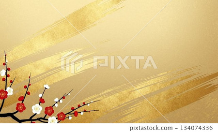 An elegant Japanese design background featuring plum branches on a gold background An elegant Japanese design background featuring plum branches on a gold background 134074336