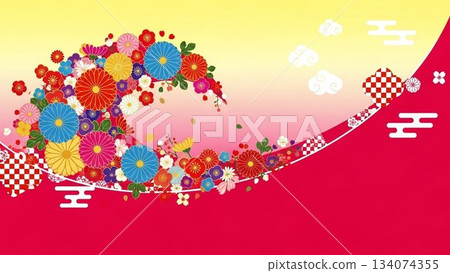 Red Japanese pattern design background illustration combining waves and floral patterns Red Japanese pattern design background illustration combining waves and floral patterns 134074355