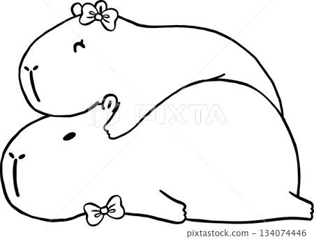 Two Kawaii Capybaras Valentine Outline Cartoon hugging 134074446