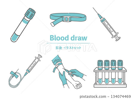 Illustration set of medical equipment and procedures for blood collection and injection Illustration set of medical equipment and procedures for blood collection and injection 134074469