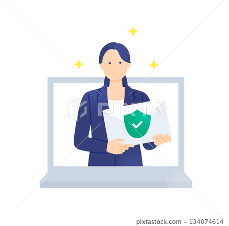 Prevent information leakage Green shield and check mark Woman delivering safe email Illustration material 134074614