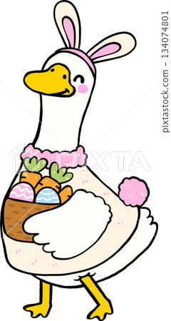 Cartoon Spring Silly Goose Wearing Bunny Ears with Easter Basket Costume Illustration 134074801