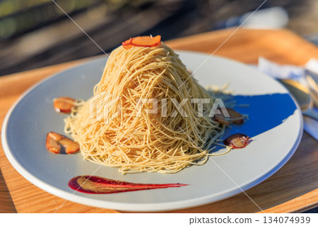 Yaotsu, Gifu Prefecture: Fresh Mont Blanc cake with delicate chestnut paste like golden threads Yaotsu, Gifu Prefecture: Fresh Mont Blanc cake with delicate chestnut paste like golden threads 134074939