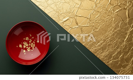 Modern New Year's decorations in deep green and red with floating gold leaf Modern New Year's decorations in deep green and red with floating gold leaf 134075731