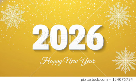 新年賀卡圖案，金色背景印有雪花和「2026新年快樂」字樣。 134075754