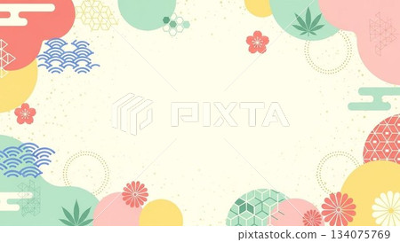 一款流行且色彩鮮豔的日式背景框，飾有梅花和日式圖案。 134075769