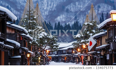 Snow-covered old Japanese town and mountain ranges (winter, sightseeing, inn, lantern) Snow-covered old Japanese town and mountain ranges (winter, sightseeing, inn, lantern) 134075773