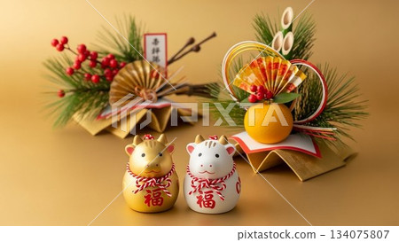 新年裝飾品和生肖小雕像排列在金色背景上（一幅華麗的新年景象） 134075807