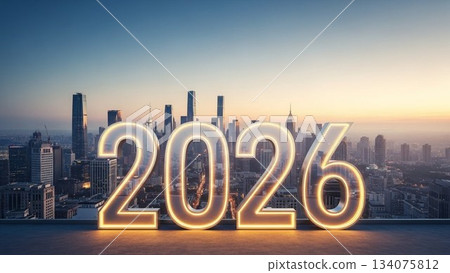 2026 年數位設計,以城市夜景為背景(未來/科技風格) 2026 年數位設計,以城市夜景為背景(未來/科技風格) 134075812