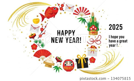 以新年裝飾和日式插畫為主題的新年賀卡模板 以新年裝飾和日式插畫為主題的新年賀卡模板 134075815