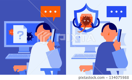 Illustration comparing suspicious process abandonment and automatic isolation (male) 134075988