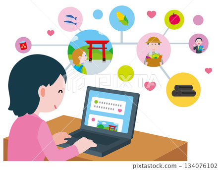 Illustration of a woman browsing social media to promote local specialties 134076102