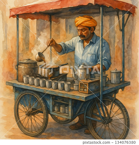 印度街頭奶茶小販在推車上煮茶的水彩插畫 印度街頭奶茶小販在推車上煮茶的水彩插畫 134076380