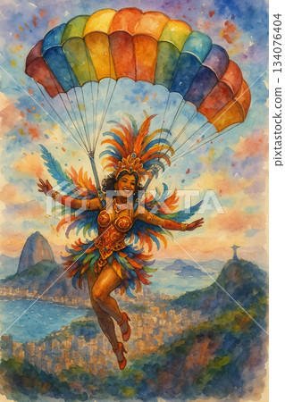 巴芳和花舞者跳傘/彩虹降落傘水彩畫 134076404