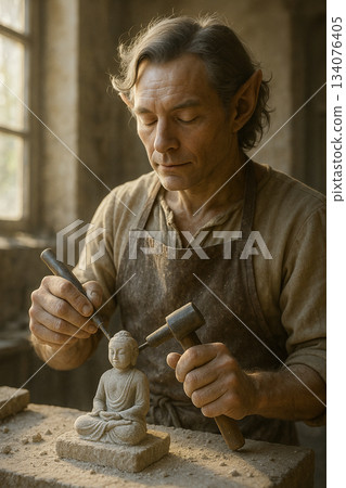 Stone sculpture Buddha statue made by a spirit carver/craft creation photo scene Stone sculpture Buddha statue made by a spirit carver/craft creation photo scene 134076405