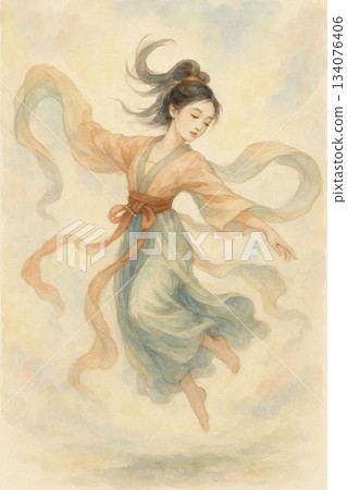 描繪古代日天女舞蹈風格的水彩畫 134076406