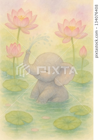 A dreamy watercolor illustration of a cute little elephant playing in a lotus pond. 134076408