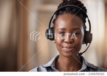 Customer support, black woman and portrait in call center, contact us and CRM with headset, face and mockup space. Closeup, consultant and female employee in telemarketing, sales and help desk office Customer support, black woman and portrait in call center, contact us and CRM with headset, face and mockup space. Closeup, consultant and female employee in telemarketing, sales and help desk office 134076583