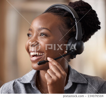 Call center, black woman and happy in contact us, CRM and headset with mic and communication. Customer service consultant, female and smile in telemarketing sales vision and help desk agent in office 134076584