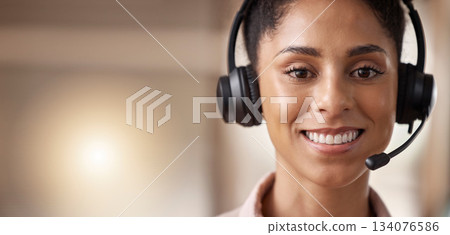 Call center, happy and woman with smile in portrait and contact us, CRM and headset mic with face on mockup space. Customer service consultant, female or telemarketing with sales and help desk banner Call center, happy and woman with smile in portrait and contact us, CRM and headset mic with face on mockup space. Customer service consultant, female or telemarketing with sales and help desk banner 134076586