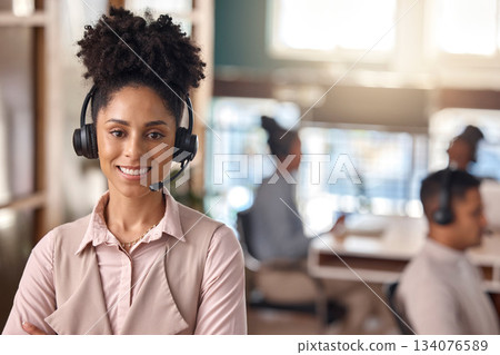 Call center woman, smile and portrait with CRM, contact us and headset for team manager in coworking office. Customer service consultant, happy or telemarketing sales female with help desk leadership 134076589
