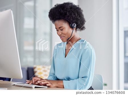 Call center, consulting and typing with black woman at computer in office for networking, online or customer service. Happy, contact us and help desk with employee for technology, virtual or research 134076608