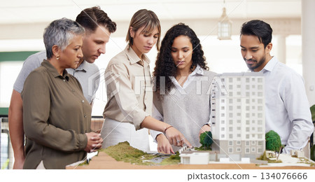 Architecture, apartment model or engineering team in meeting for development project planning. Group collaboration, creative people or communication with senior manager and women for office building 134076666