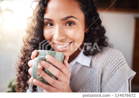 Coffee, morning and portrait of woman with smile relaxing in cafe with latte, cappuccino and espresso. Breakfast, happiness and face of girl drink hot beverage for calm, peace and enjoying weekend 134076672