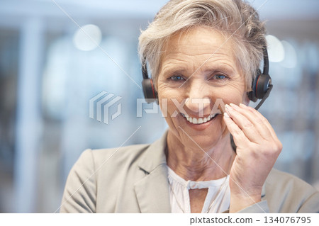 Portrait, smile and senior woman in call center in office with pride for customer service career. Face, telemarketing and happy, proud and confident sales agent, person or professional from Canada. Portrait, smile and senior woman in call center in office with pride for customer service career. Face, telemarketing and happy, proud and confident sales agent, person or professional from Canada. 134076795