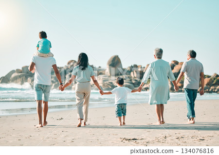 Holding hands, beach and rear view of big family walking at the sea, fun and travel on blue sky background. Behind, love and children with parents and grandparents on an ocean walk traveling in Miami 134076816