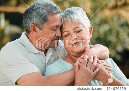 Senior couple, relax and hug in park, garden and nature for love, care and peace of calm relationship. Man, woman and retirement of partner, support and marriage for romance, quality time and outdoor Senior couple, relax and hug in park, garden and nature for love, care and peace of calm relationship. Man, woman and retirement of partner, support and marriage for romance, quality time and outdoor 134076859