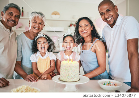 Happy people at birthday party, family smile in portrait and celebration with cake with generations at home. Celebrate, together with dessert and grandparents with parents and excited children 134076877