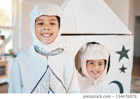 Astronaut portrait, spaceship and kids happy, creative and playing space travel, home fantasy games or pretend rocket. Explore flight, fun Halloween costume or young children imagine galaxy adventure Astronaut portrait, spaceship and kids happy, creative and playing space travel, home fantasy games or pretend rocket. Explore flight, fun Halloween costume or young children imagine galaxy adventure 134076878