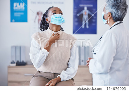 Consultation, doctor and patient with face mask, throat pain and covid healthcare advice at clinic. Black woman consulting medical professional, health care check and faq, info and help at hospital. Consultation, doctor and patient with face mask, throat pain and covid healthcare advice at clinic. Black woman consulting medical professional, health care check and faq, info and help at hospital. 134076903