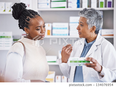 Doctor, consulting and patient for healthcare medication, prescription or diagnosis for cure, illness or pain at pharmacy. Woman medical pharmacist talking to customer about pills or drugs at clinic 134076954