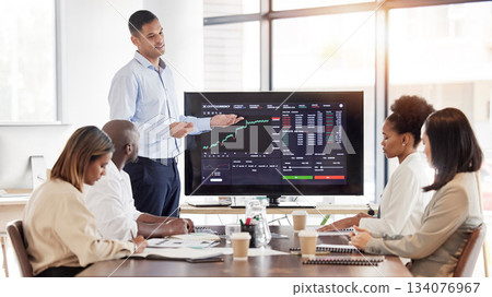 Business people, stock market dashboard on screen and coach for trading, finance presentation and graphs. Data analytics, investment information and coaching in team meeting with fintech and crypto Business people, stock market dashboard on screen and coach for trading, finance presentation and graphs. Data analytics, investment information and coaching in team meeting with fintech and crypto 134076967