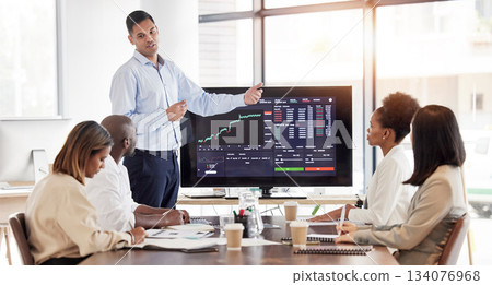 Business people, coach and stock market presentation in meeting for trading, graph and chart monitoring at office. Businessman coaching or training staff in finance, cryptocurrency or investments 134076968