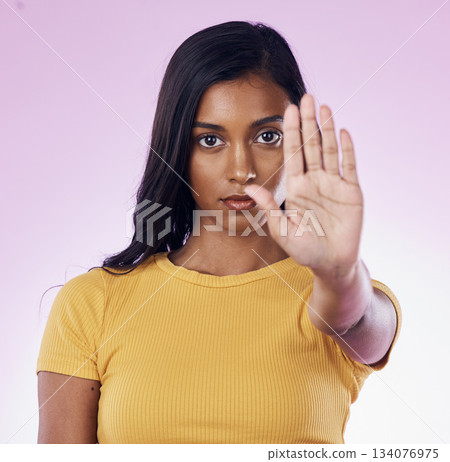 Portrait, stop and hand by woman in studio for warning, rejection or sign on gradient purple background. Face, symbol and protest hands by girl with body language for refuse, no and forbidden emoji 134076975
