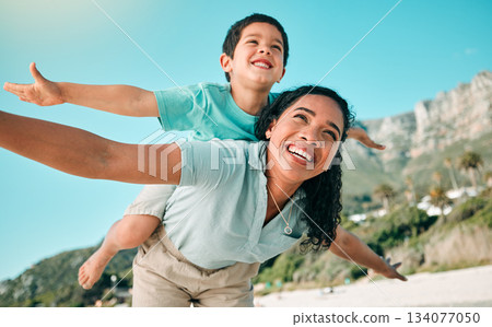 Mother, child and family outdoor at beach playing airplane game for fun. Happy woman and boy kid play and laughing for happiness, freedom and adventure on travel holiday or vacation with love outdoor Mother, child and family outdoor at beach playing airplane game for fun. Happy woman and boy kid play and laughing for happiness, freedom and adventure on travel holiday or vacation with love outdoor 134077050