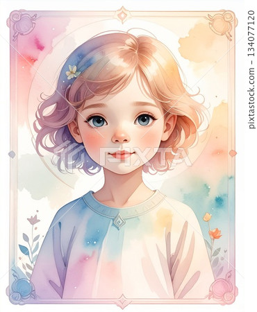 A gentle portrait of a young girl drawn in watercolor 1 / Material for flyers and posters 134077120