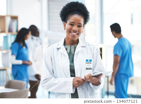 Tablet, portrait and black woman doctor with healthcare service, happy hospital management and digital planning. Professional worker or medical person of software, clinic meeting or research mission 134077121