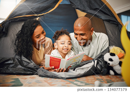 Home, camping and child reading story book, cartoon comic books and bonding with mother, father or happy family parents. Love, youth development or storytelling for kid listening to fairytale fantasy Home, camping and child reading story book, cartoon comic books and bonding with mother, father or happy family parents. Love, youth development or storytelling for kid listening to fairytale fantasy 134077379