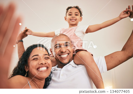 Selfie, portrait and happy family fun, playing and enjoy time together with home photo memory of weekend bonding. Happiness, love and child care from mother, father and parents with kids on shoulder Selfie, portrait and happy family fun, playing and enjoy time together with home photo memory of weekend bonding. Happiness, love and child care from mother, father and parents with kids on shoulder 134077405