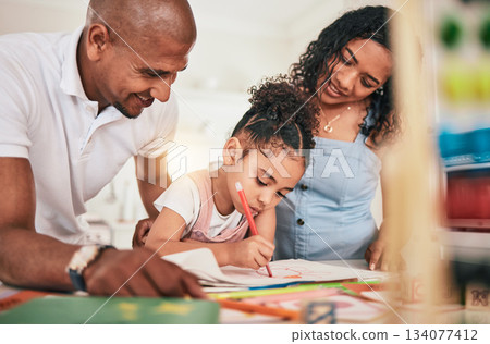 Home school, education and happy family in a kitchen for homework, writing and studying together. Remote, learning and girl with parents, bond and relax while enjoying a fun educational activity Home school, education and happy family in a kitchen for homework, writing and studying together. Remote, learning and girl with parents, bond and relax while enjoying a fun educational activity 134077412